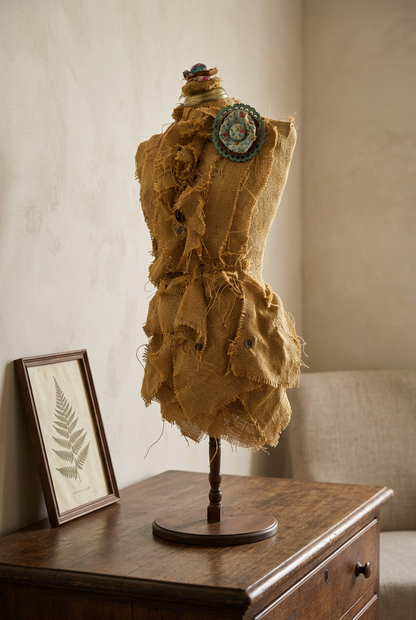 Angled view of burlap dress form sculpture on a wooden dresser beside a framed botanical print.