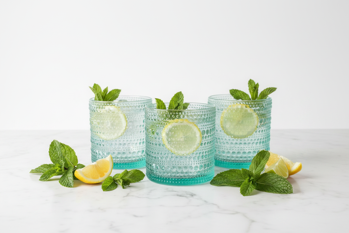 Set of four aqua hobnail glass tumblers on white marble with mint and citrus