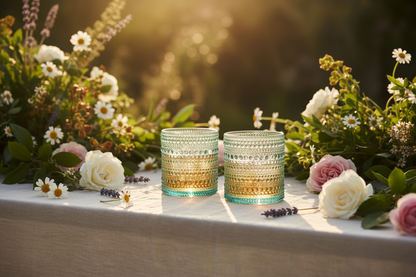 Two aqua hobnail tumblers on an outdoor table with flowers and golden hour light