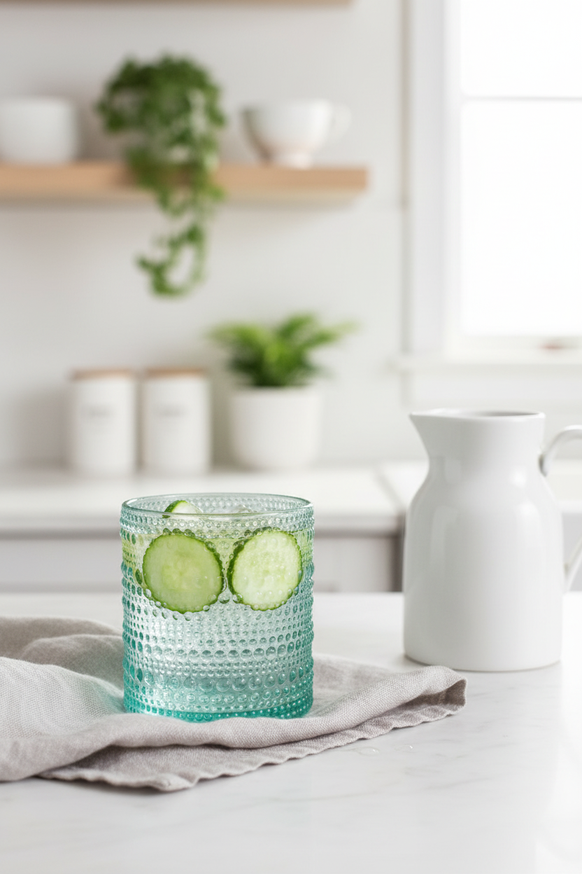 Single aqua hobnail tumbler filled with iced cucumber water on a linen napkin