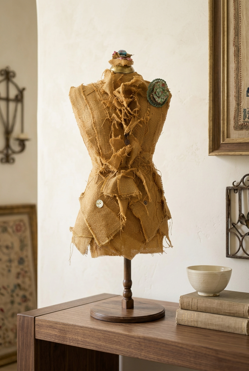 Burlap dress form sculpture displayed on a wooden console beside stacked books and a cream bowl.