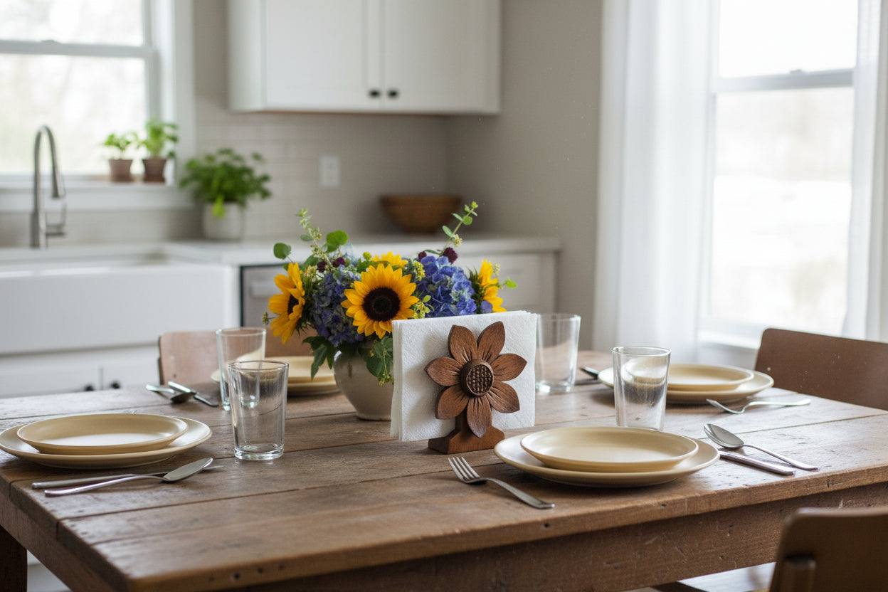 Front view of a 1970s vintage hand-carved wooden flower napkin holder with a stylized eight-petal design, a geometric cross-hatched center, and a flared pedestal base on a crisp white background.