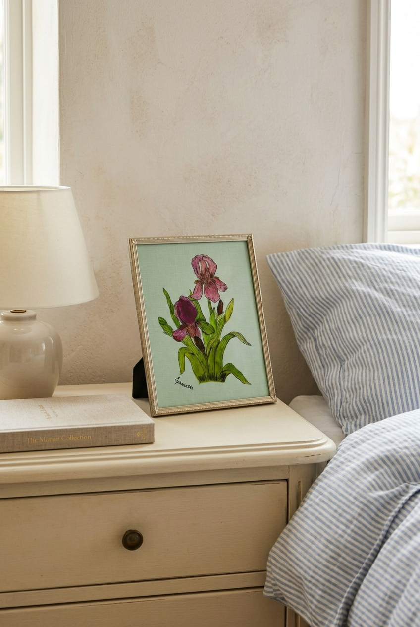  Framed pink and purple iris artwork on a cream nightstand beside a ceramic lamp and blue-striped bedding.