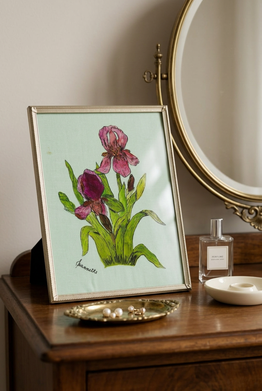 Framed Jeannette iris artwork on a wooden vanity beside an oval mirror, perfume bottle, and brass jewelry tray.