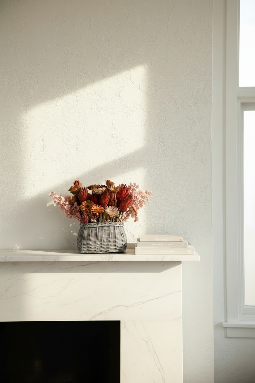  Dried botanical woven basket arrangement styled on a white marble fireplace mantel alongside stacked white books in a bright minimalist living room with dramatic raking window light