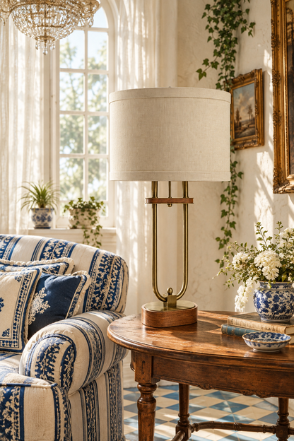 Lamp in a sunlit blue-and-white sitting room