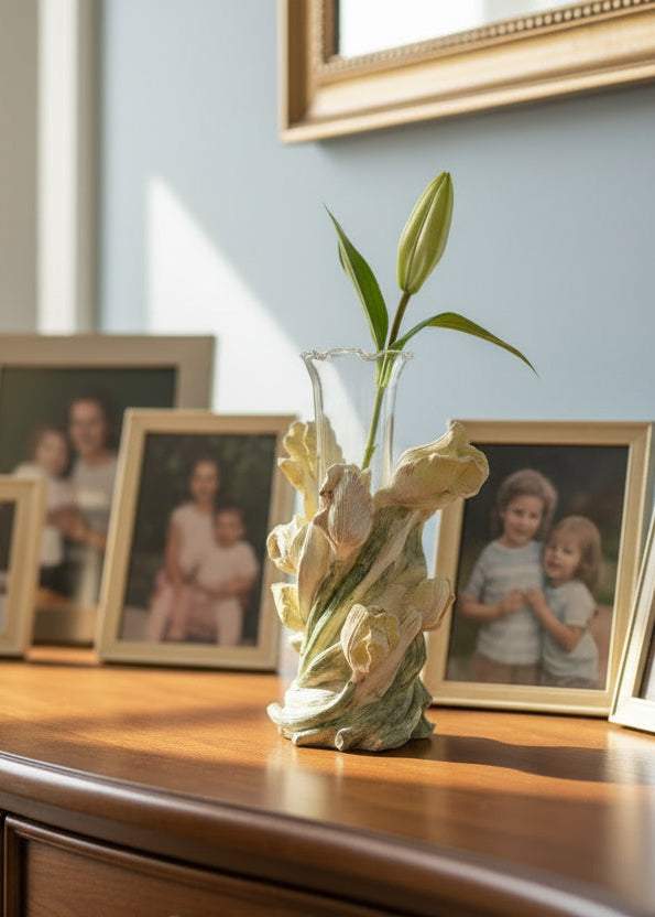 Decorative vase with floral design on a white background