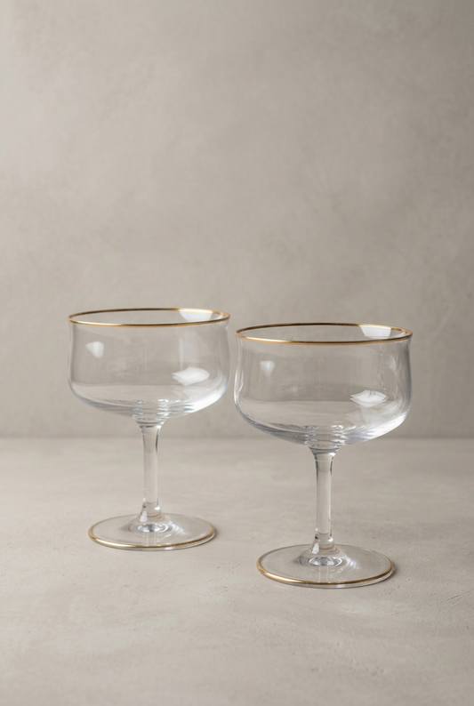 Pair of vintage Lenox Intrigue crystal champagne coupes with thin gold rims, displayed against a warm neutral background.
