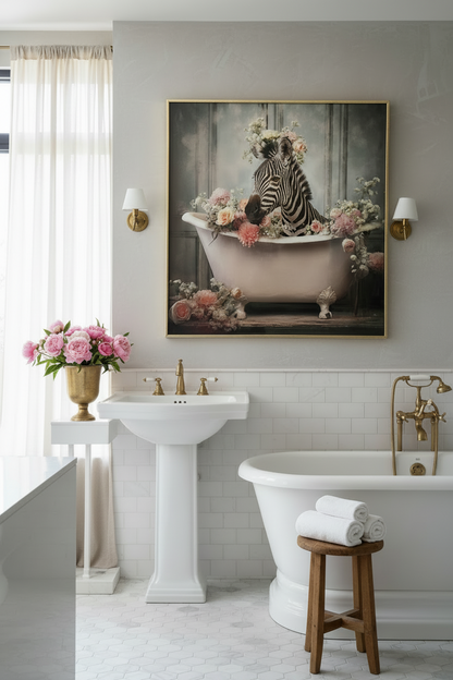 whimsical gold framed art print of zebra in bathtub with flowers