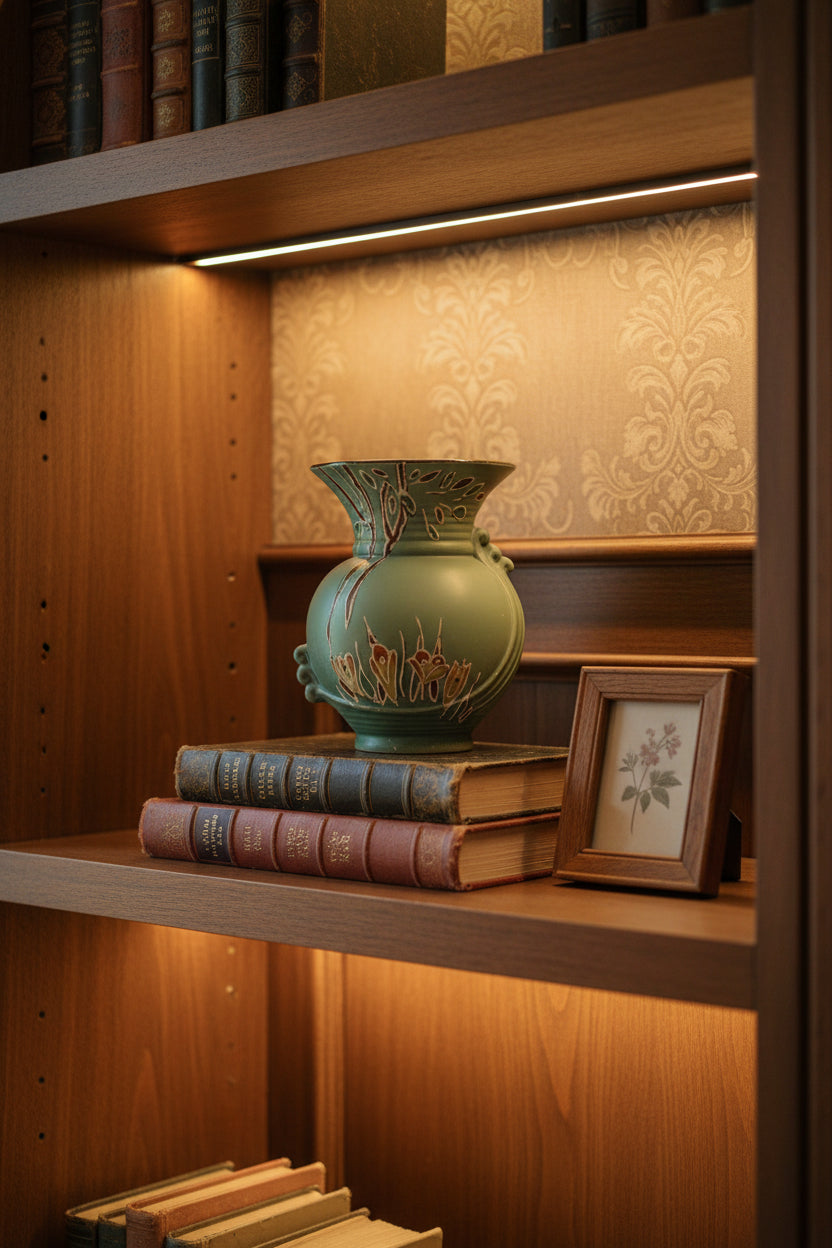 A lifestyle vignette showing the vintage matte green art pottery vase on a warm wooden bookshelf. The vase is stacked horizontally on two antique leather-bound books next to a small wooden picture frame displaying a botanical illustration. The shelf is illuminated by soft under-cabinet LED lighting, highlighting the damask patterned wallpaper in the background.