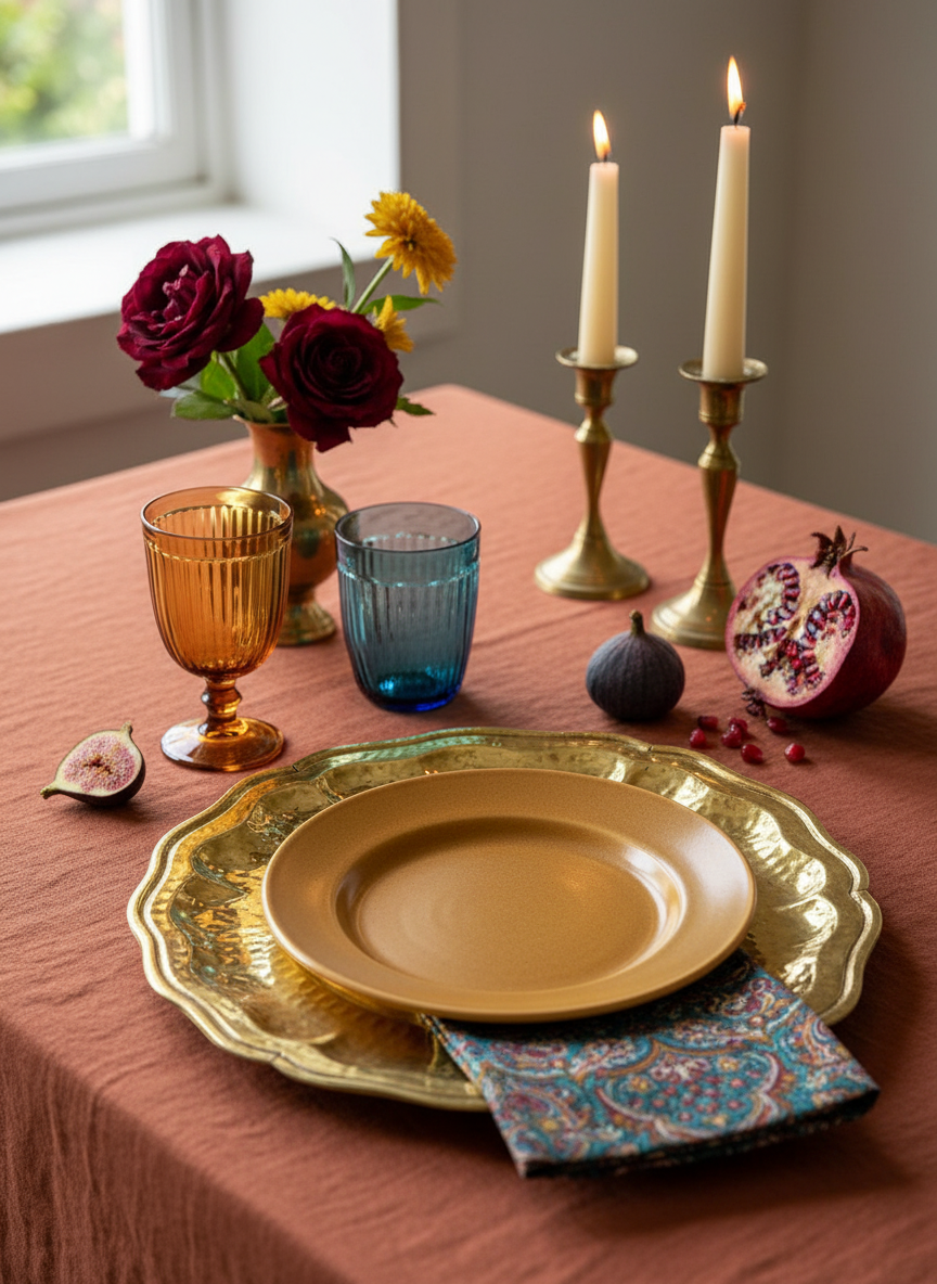 Luxe lifestyle image of your brass charger plate with vibrant table setting