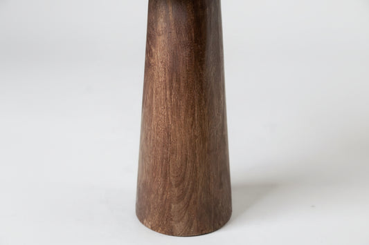 mango wood cone shaped pedestal side table with brown grey and white marble table top