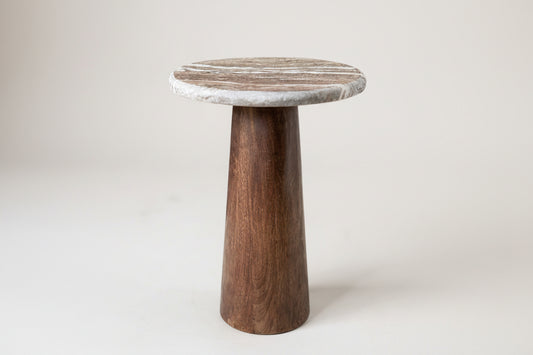 mango wood cone shaped pedestal side table with brown grey and white marble table top