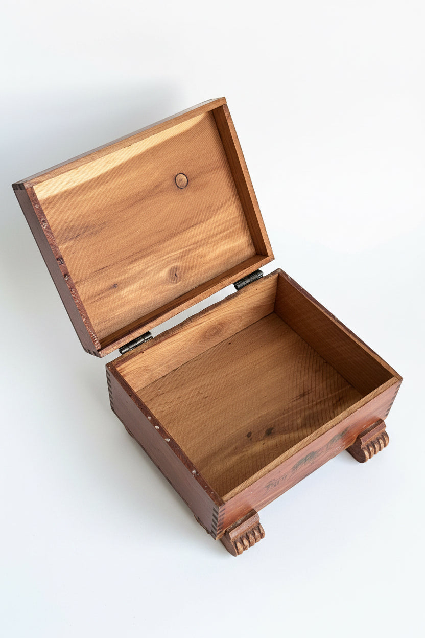 Open vintage cedar keepsake box showing clean aromatic unlined raw cedar interior with natural honey-brown wood grain and original brass hinge mechanism