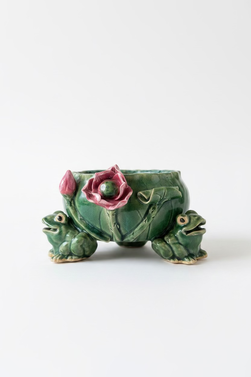 Front view of a vintage mid century ceramic tripod planter with three green figural frogs holding up a leaf basin decorated with a 3D pink water lily flower.