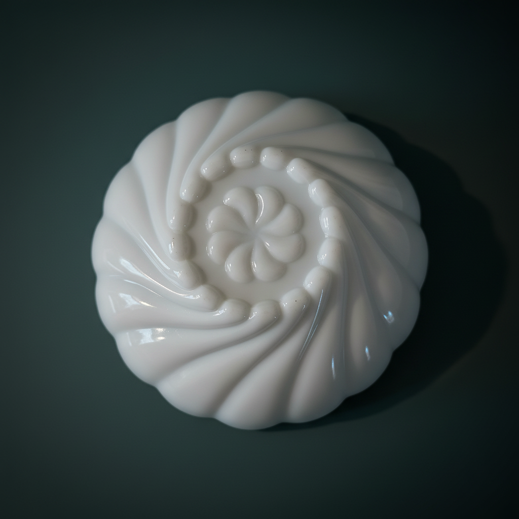 Overhead exterior view of vintage Fenton white milk glass bowl base showing full diagonal spiral swirl rib pattern sweeping to center, raised beaded ring and molded pinwheel rosette detail, seamless snap-ring foot rim, high-gloss opaque white pressed milk glass, dark teal background