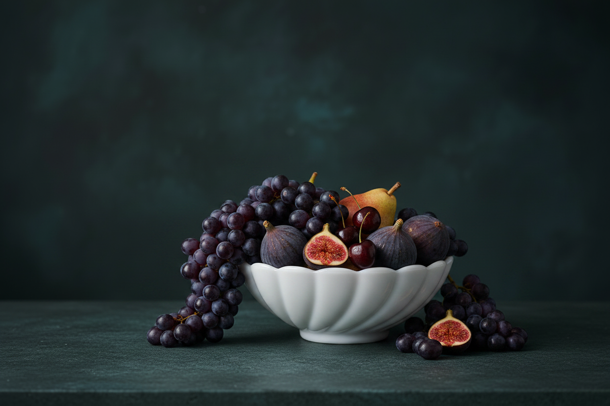Vintage Fenton white milk glass scalloped bowl filled with dark purple figs, black Concord grapes, cherries, and a golden pear, large grape cluster cascading over rim onto dark marble surface, moody deep teal background — Dutch Masters still life styling