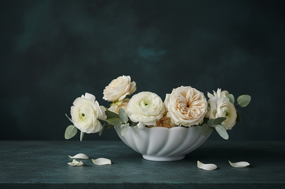 Vintage Fenton white milk glass scalloped bowl styled with loose arrangement of cream garden roses, blush ranunculus, and silver dollar eucalyptus on dark grey-green marble surface, scattered petals around base, moody deep teal background — editorial still life
