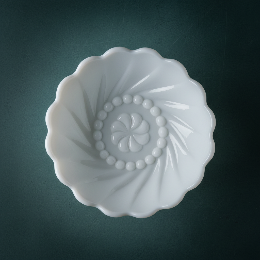 Overhead view inside vintage Fenton white milk glass bowl showing diagonal spiral swirl ribs sweeping inward from scalloped rim to center, raised beaded ring detail surrounding molded 8-petal pinwheel rosette base motif, opaque gloss white pressed milk glass, deep teal background