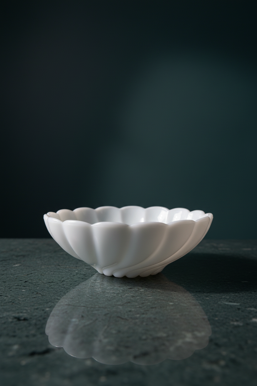 Vintage Fenton white milk glass scalloped bowl in profile on dark grey-green marble surface against deep teal background, opaque gloss white pressed glass with diagonal spiral swirl ribs sweeping upward to softly scalloped rim, bowl reflected in polished marble below