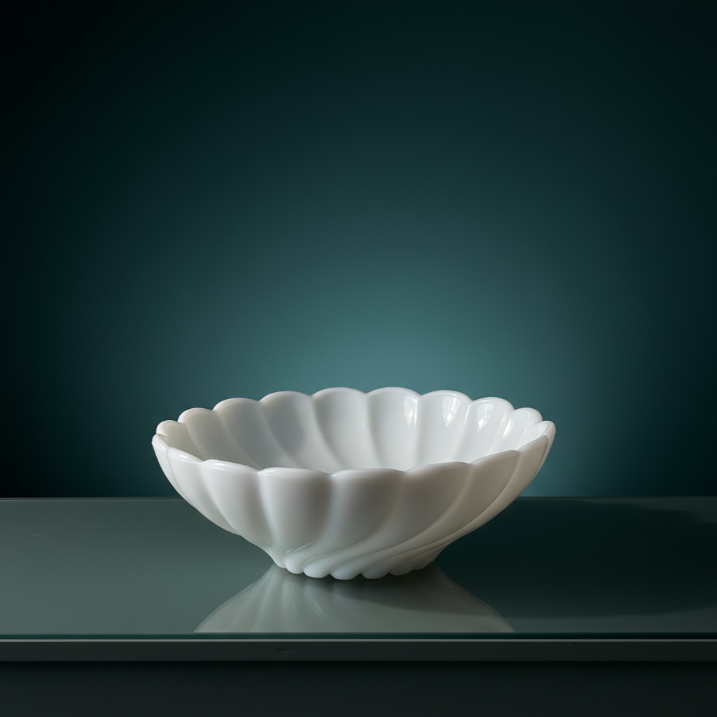 Three-quarter profile of vintage Fenton white milk glass scalloped bowl on dark grey-green marble surface, opaque gloss white pressed glass with diagonal spiral swirl rib pattern and scalloped rim, soft reflection in polished surface, deep teal background