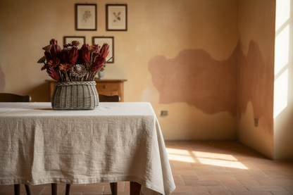Angled detail view of dried Protea repens cones and solar wood daisy blooms in warm burgundy, amber, and blush tones nestled in a hand-woven grey-wash reed basket, showing warm autumnal dried flower palette and natural woven texture