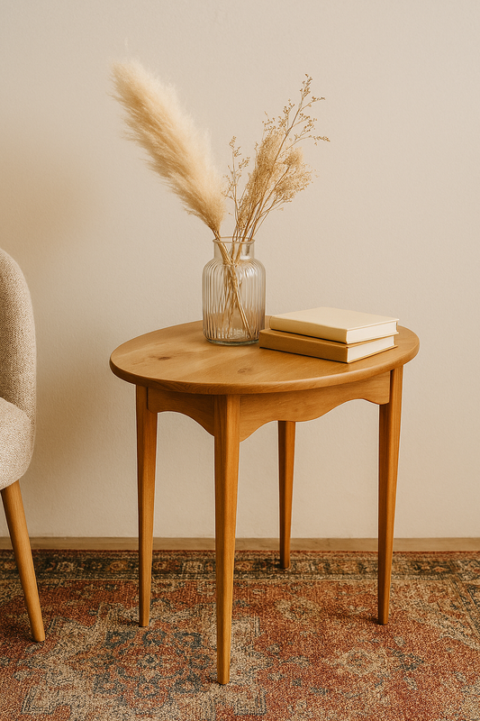 An elegant oval wood side table styled in a warm minimalist room next to an upholstered cream accent chair on a traditional patterned rug. A ribbed glass vase with pampas grass and stacked hardcover books rest on the natural grain tabletop.