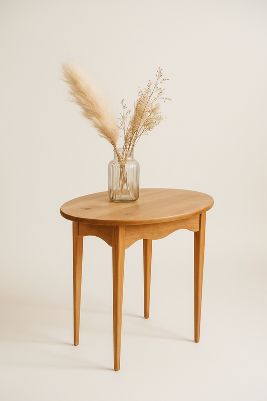 Handcrafted Oval Wood Side Table with Tapered Legs – Natural Grain Accent Table