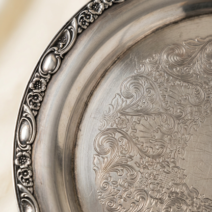 Vintage 15-Inch Silver-Plated Platter with Floral Scrollwork