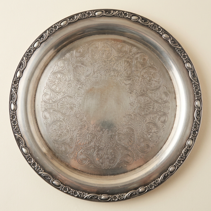 Vintage 15-Inch Silver-Plated Platter with Floral Scrollwork