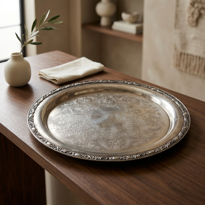 Vintage 15-Inch Silver-Plated Platter with Floral Scrollwork
