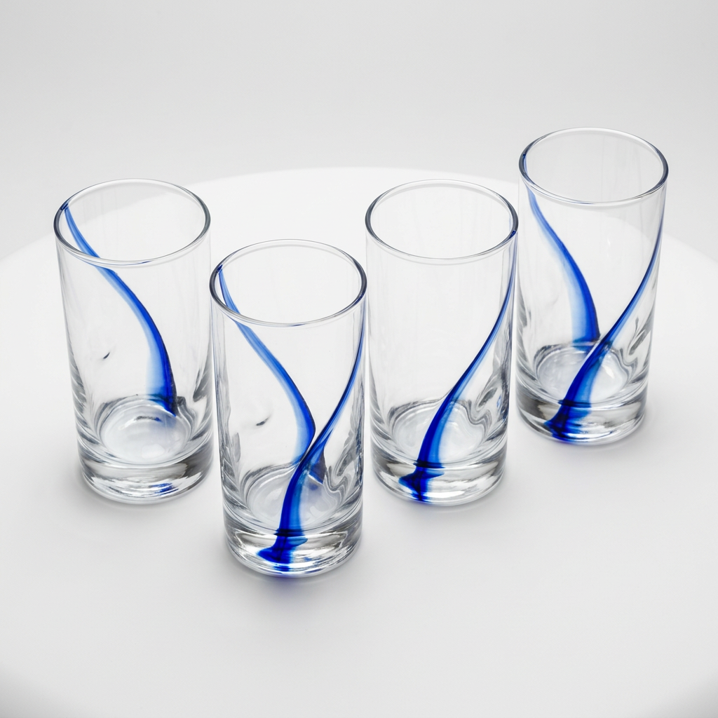 Revised elevated view of four cobalt-swirl glasses
