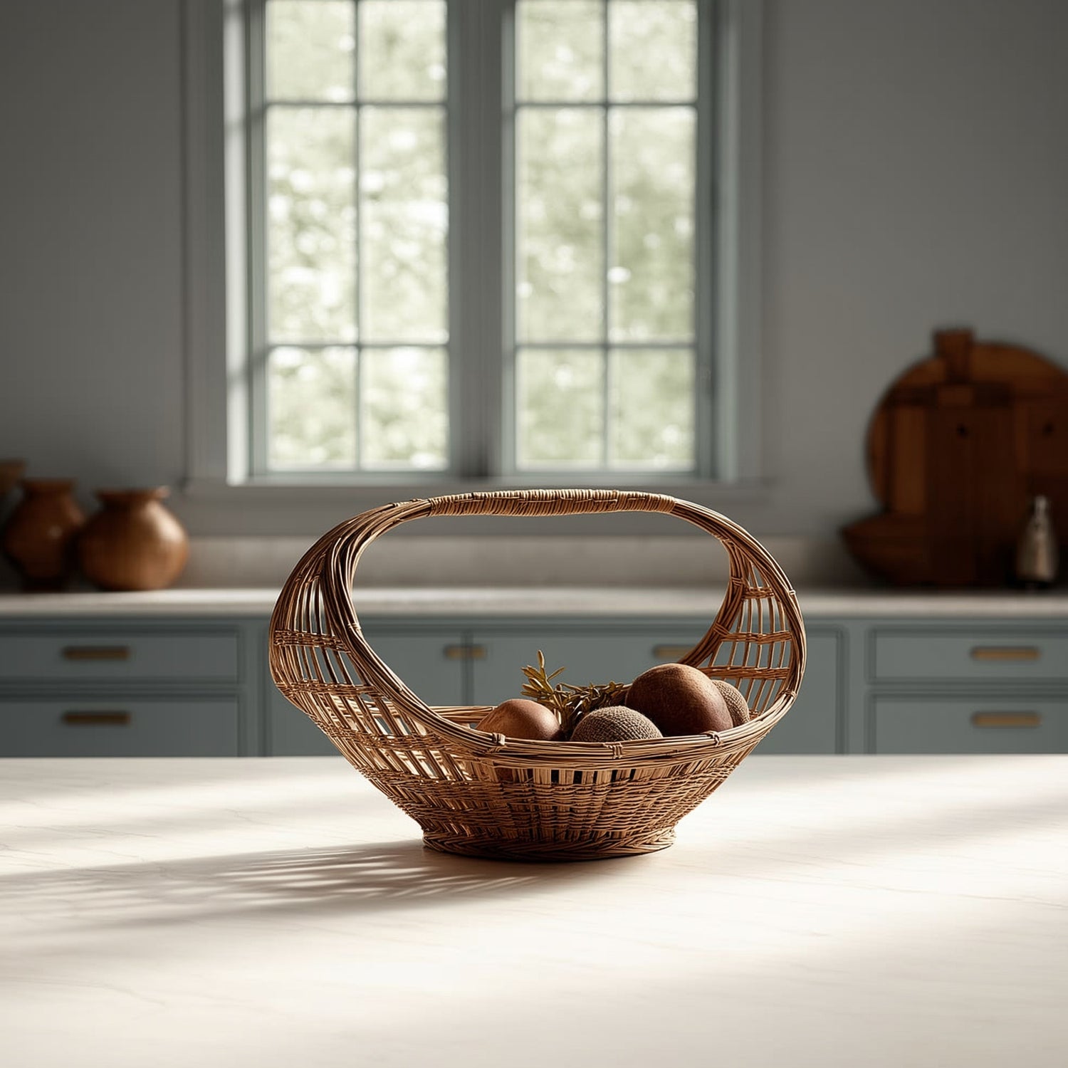 Sculptural vintage handwoven wicker basket with an elegant overhead handle, styled on a bright kitchen island with decorative spheres in front of a soft-focus background of blue cabinets and a window, from The Marian Collection.