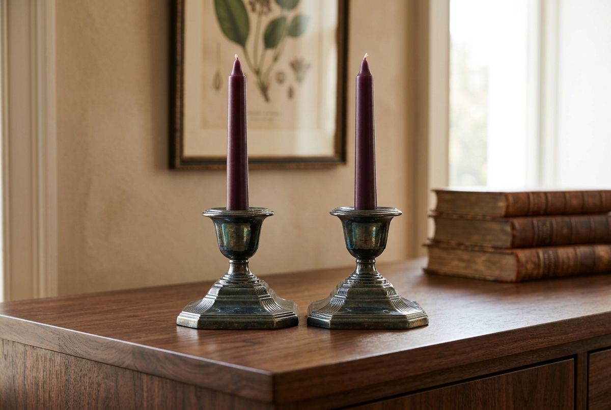 Pair of tarnished silverplate candlesticks with plum tapers on a wooden sideboard beside vintage books and botanical art.

