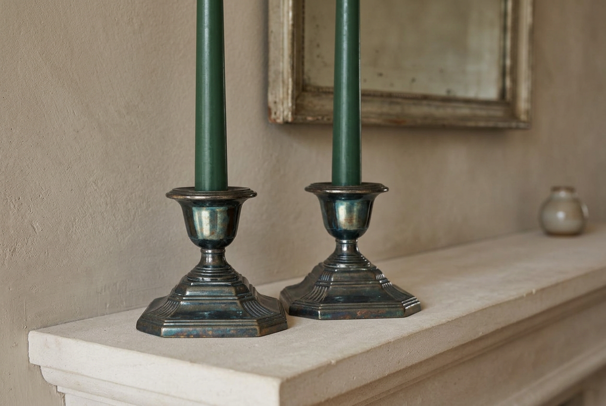 Pair of tarnished silverplate candlesticks holding forest-green tapers on a pale stone mantel beneath a framed mirror.
