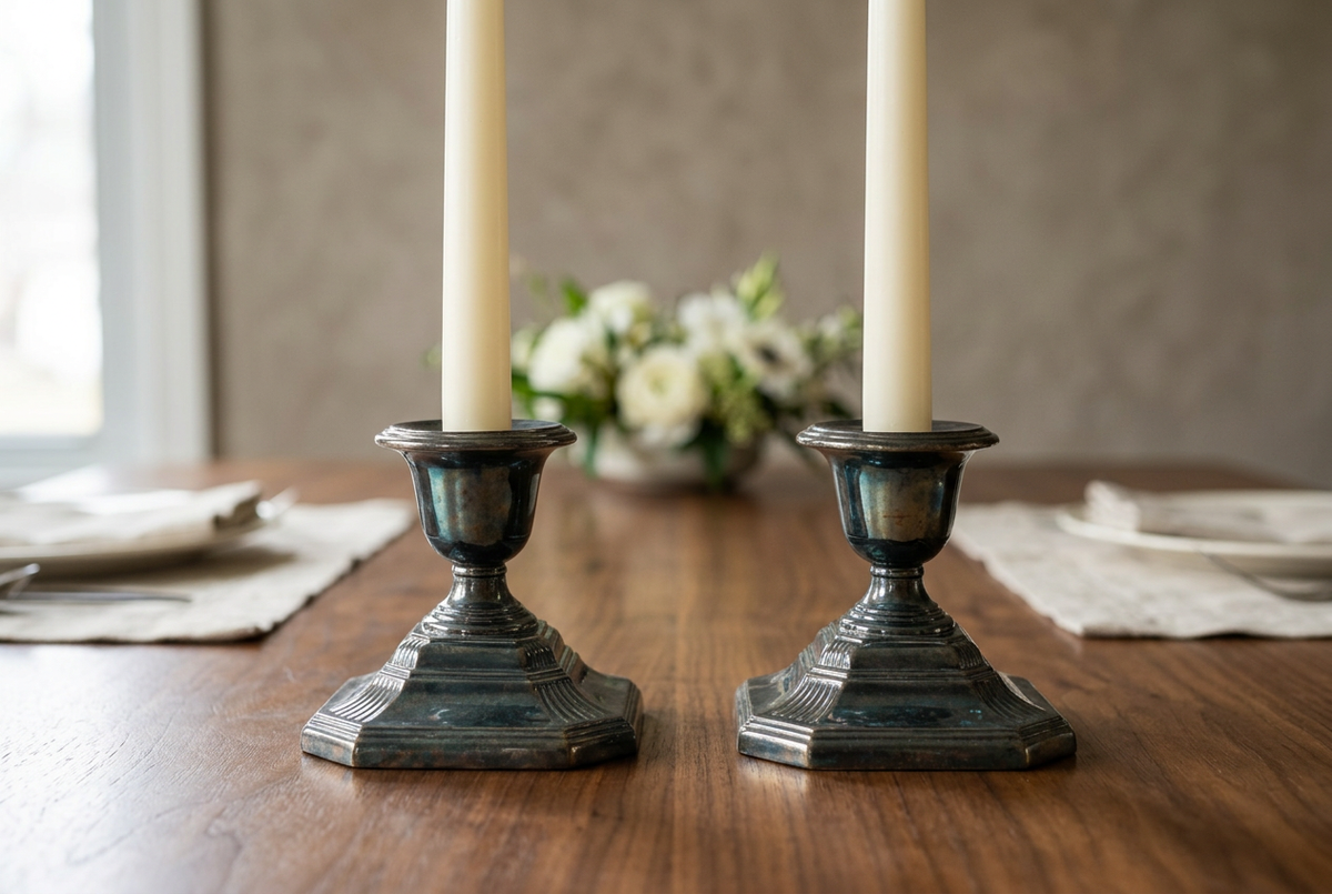 Pair of tarnished silverplate candlesticks with stepped octagonal bases and ivory tapers on a wooden dining table.
