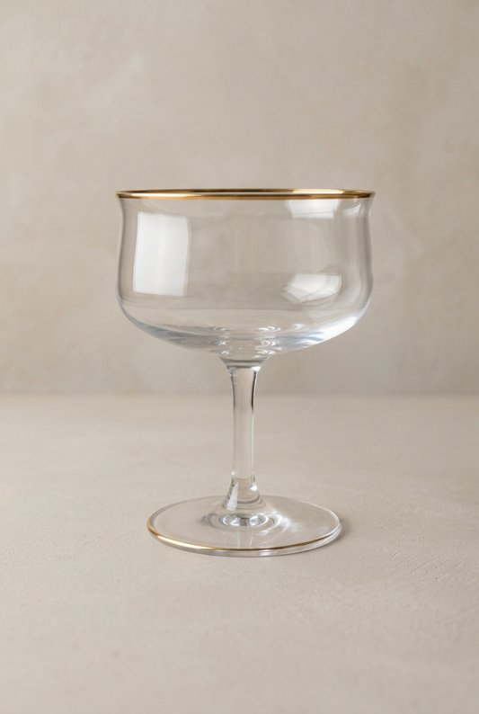 Vintage Lenox Intrigue crystal champagne coupe showing its rounded bowl, slender stem, circular foot, and thin gold rim.

