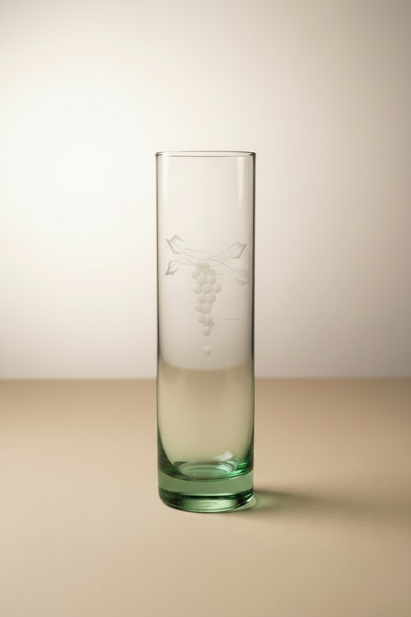 Single vintage mid-century etched grape and vine Tom Collins glass showing full height slim cylindrical silhouette with clear etched upper body transitioning to deep emerald green weighted base, warm white background