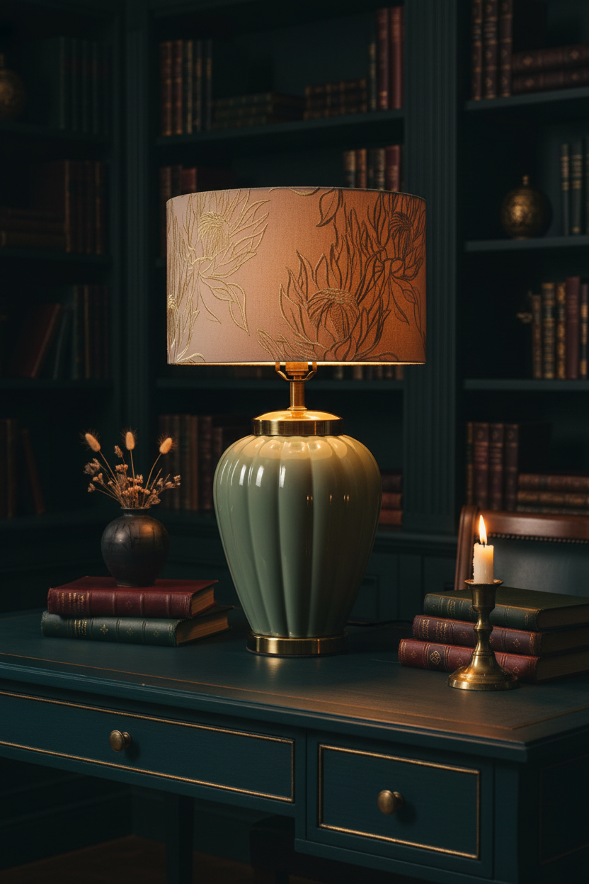 Vintage celadon ceramic table lamp illuminated on a dark green painted writing desk in a moody library with floor-to-ceiling bookshelves, surrounded by stacked leather-bound books, a small brass taper candlestick, and a matte black ceramic vase with dried botanicals — shade shown for styling inspiration, not included