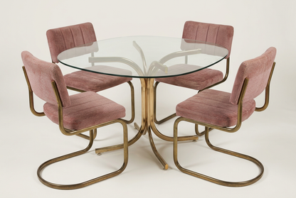 1980s Douglas Furniture Brass & Glass Dining Set with Dusty Rose Chairs, 5 Pieces