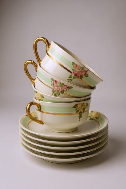Stack of decorative teacups and saucers with floral patterns on a neutral background