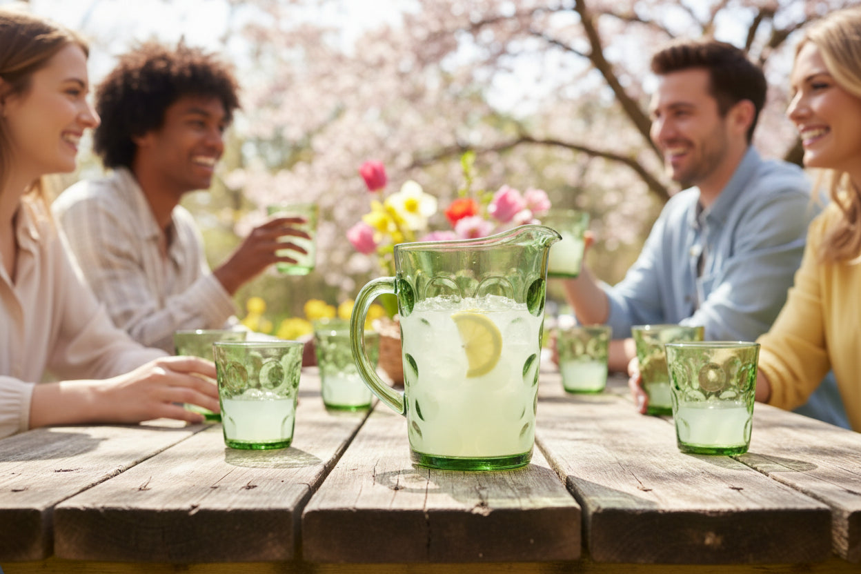 Green glass pitcher with a textured design being used to serve lemonade at a friends gathering 