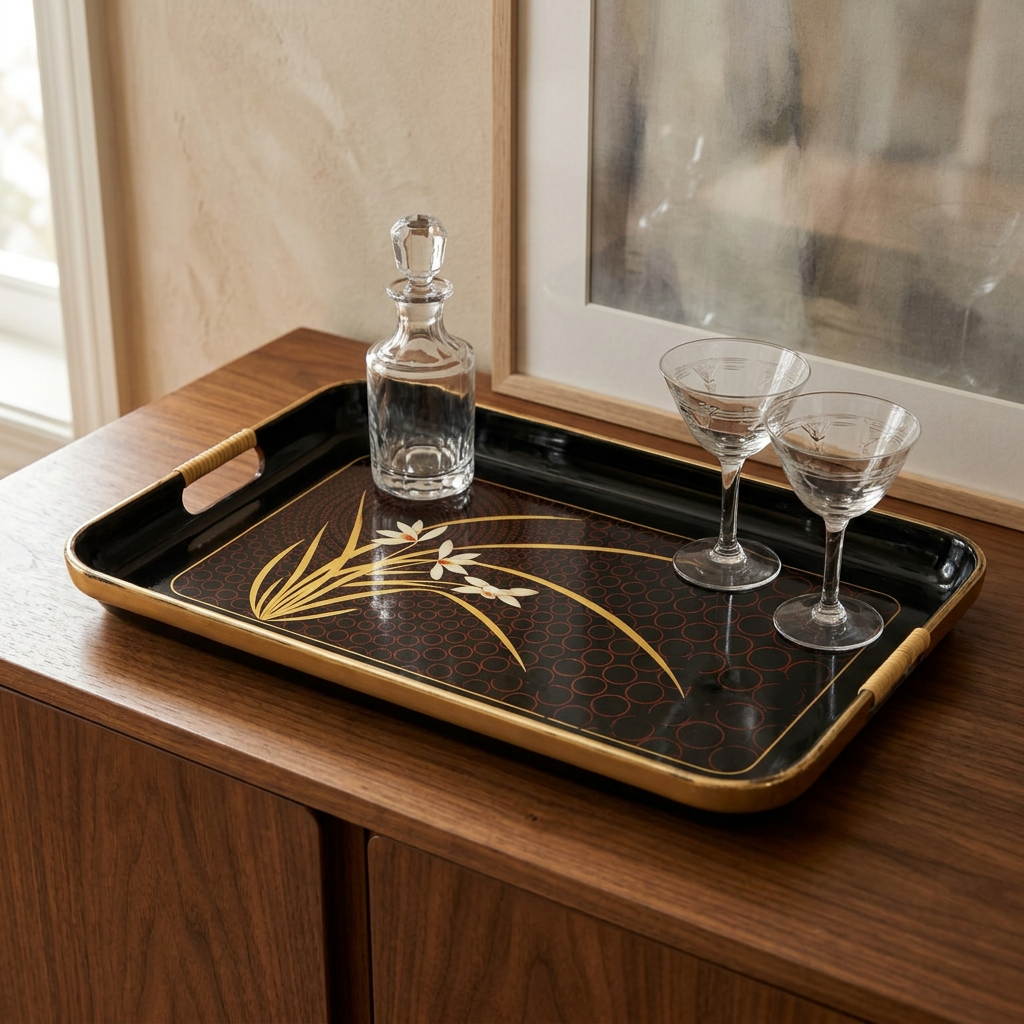 Vintage Japanese black floral serving tray holding a glass decanter and two stemmed glasses on a wooden sideboard.
