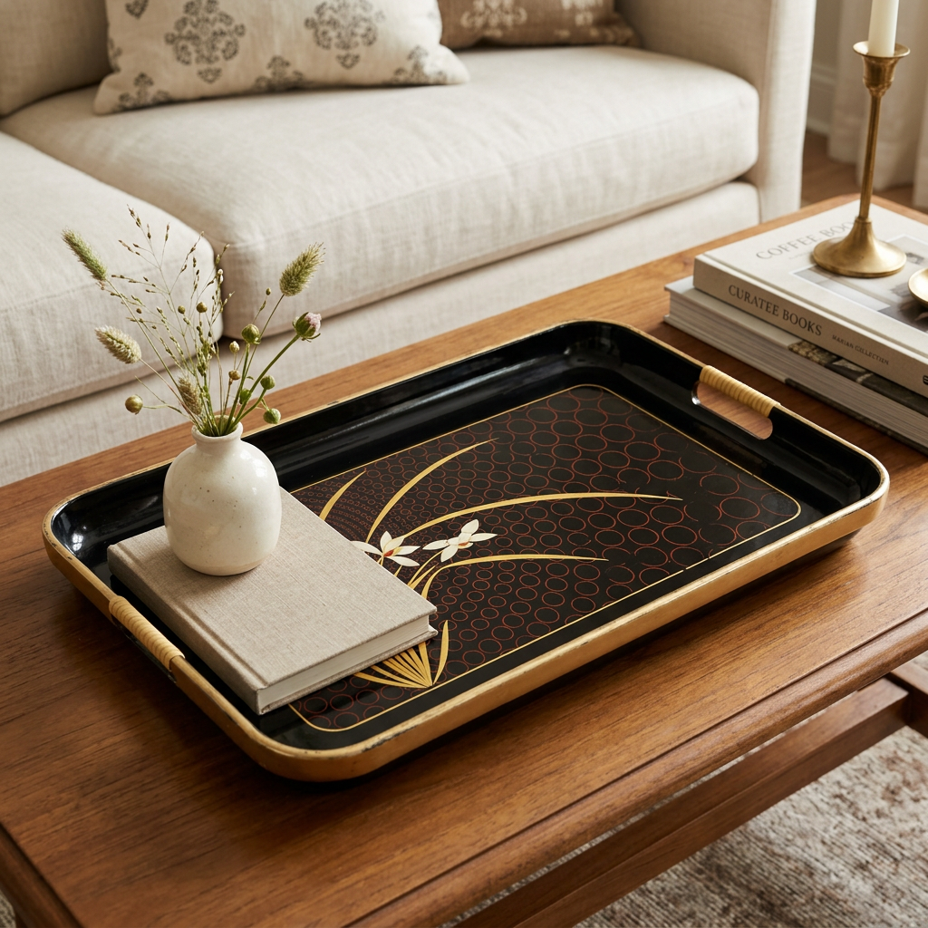 Black lacquer floral tray styled on a wooden coffee table with stacked books and a small cream vase of dried stems.
