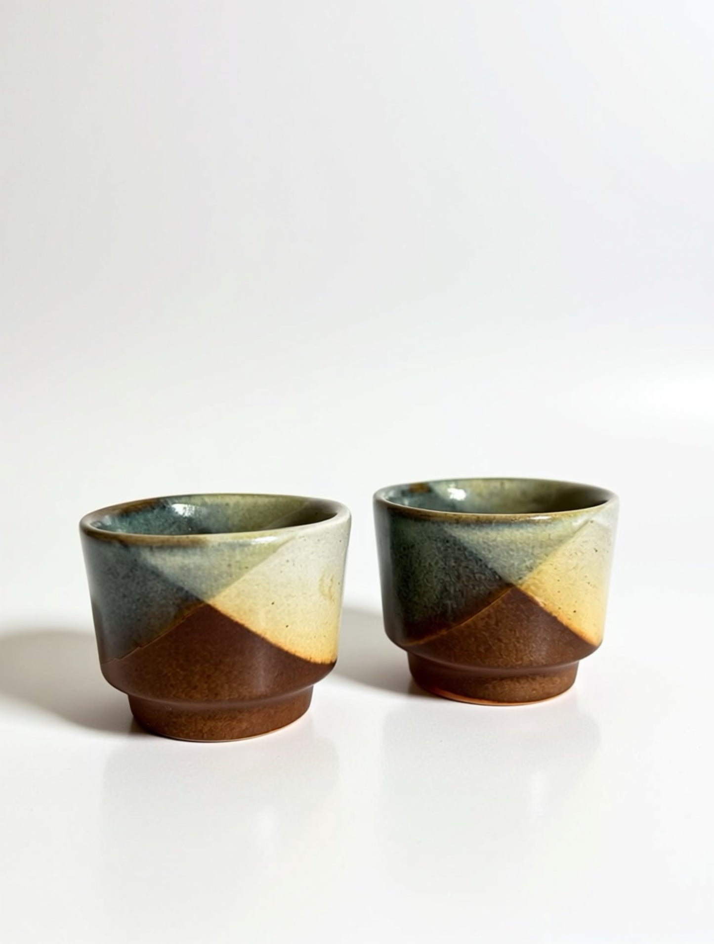Detailed view of the Brutalist-style reactive glaze on California studio pottery, showing the sharp diagonal lines and textured matte finish of a vintage Pottery Craft ceramic vessel.