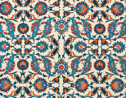 Close up of pattern on vibrant serving platter features an eclectic, Turkish-inspired symmetrical motif. 