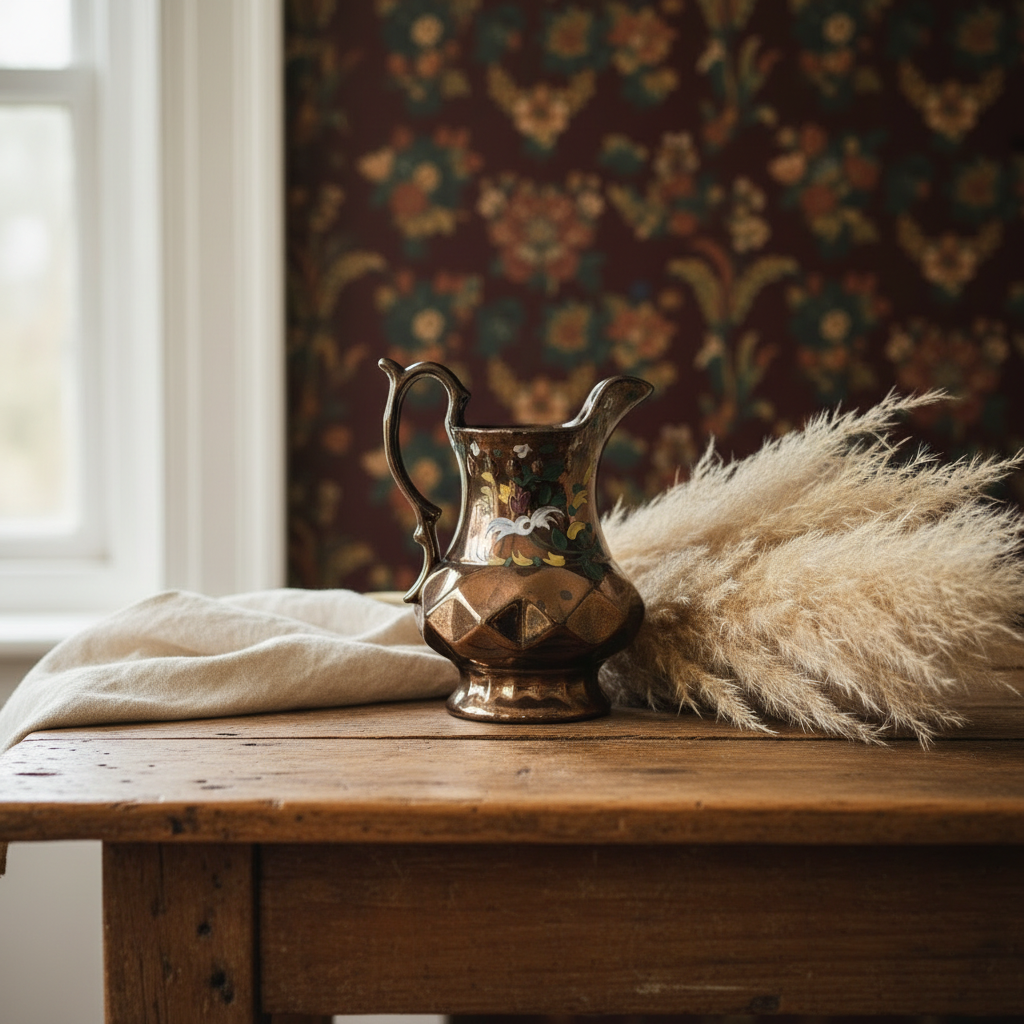Antique Allertons English Copper Lustre Pitcher — Hand-Painted Bird & Floral Enamel (c. 1890s)