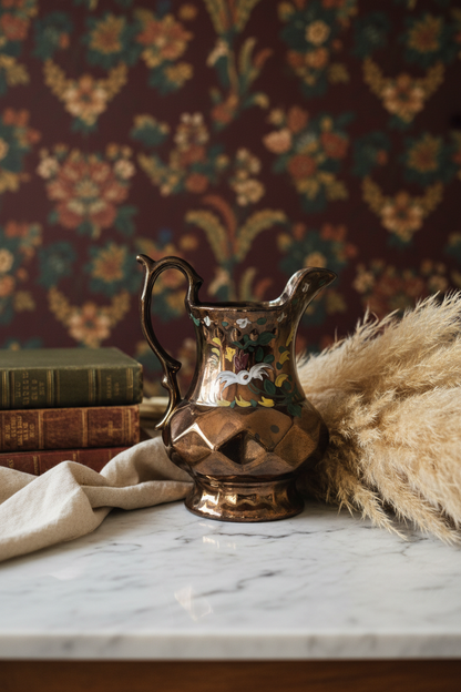 Antique Allertons English Copper Lustre Pitcher — Hand-Painted Bird & Floral Enamel (c. 1890s)