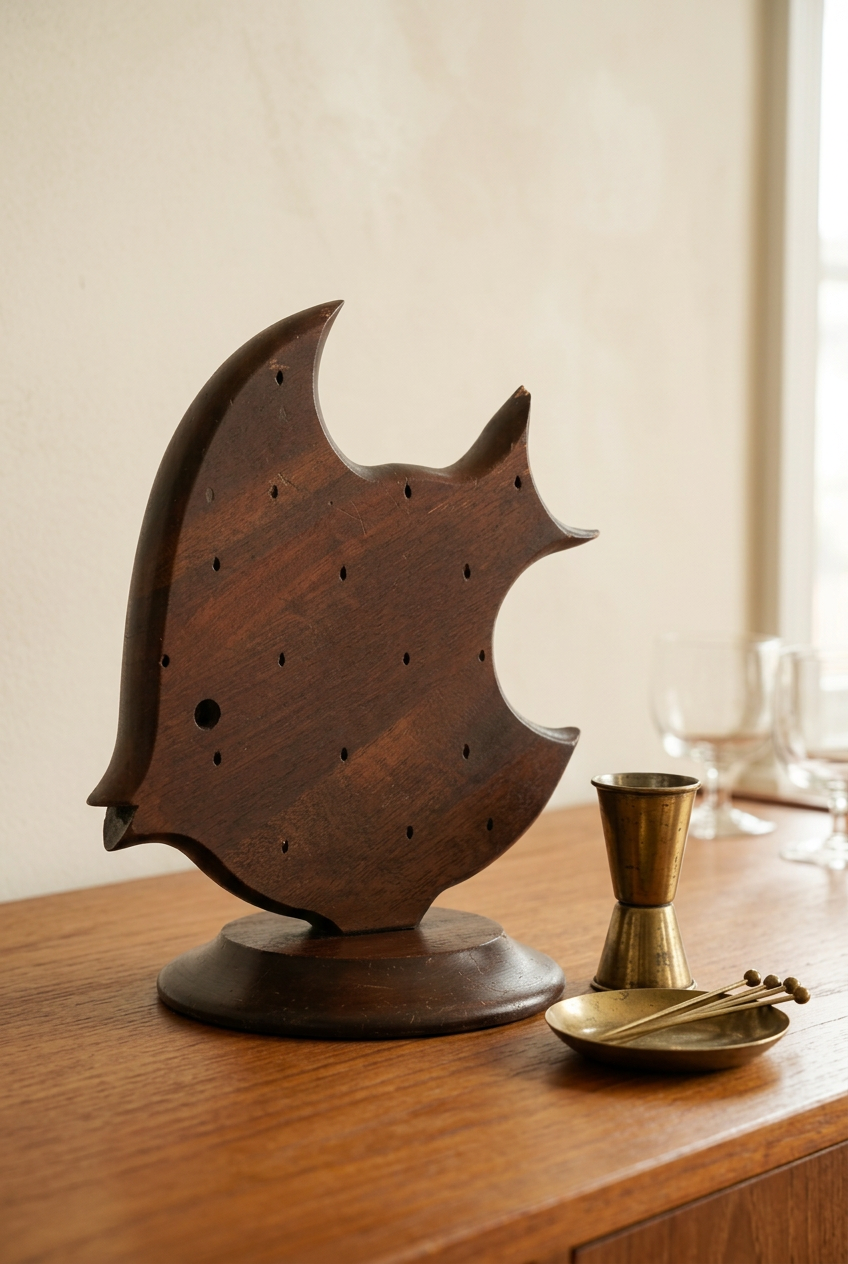 Vintage wooden angelfish cocktail pick holder on a wood buffet beside a brass jigger and a dish of cocktail picks.