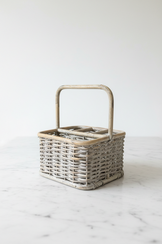 Three-quarter view of an empty vintage 10x8x8 wicker flatware caddy featuring a weathered gray-wash finish, four interior compartments, and a rigid high overhead bentwood handle on a white marble background.
